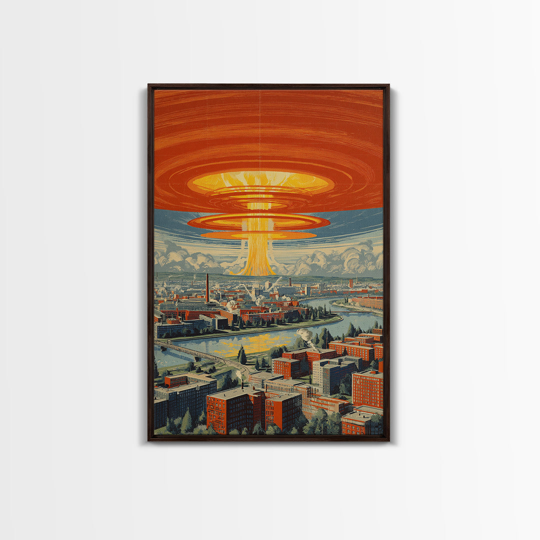 Retro Futuristic City With Orange Saucer Beam, Canvas Print, Mid Century Modern Wall Art, Sci Fi Poster, Atomic MCM Decor
