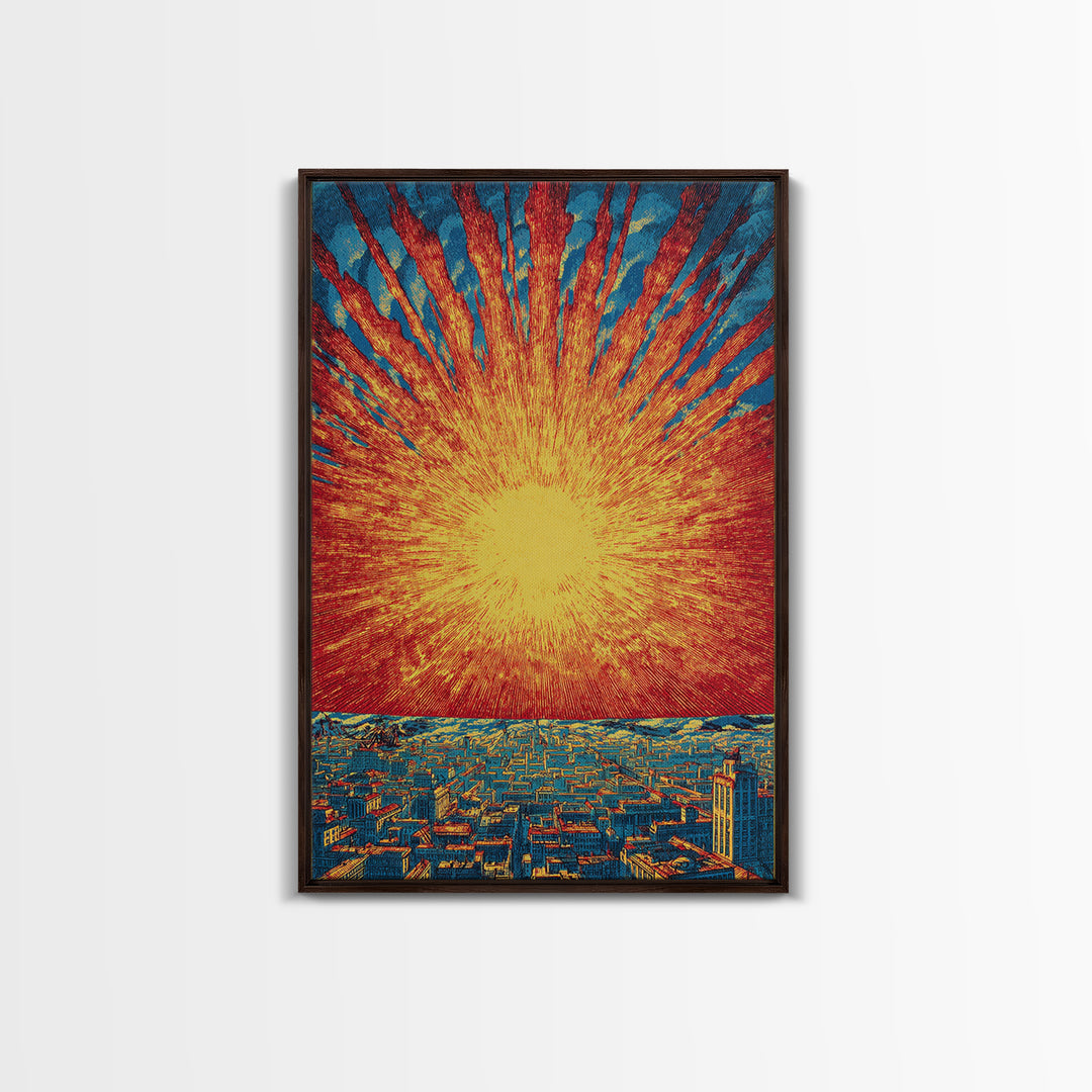 Fiery Solar Burst Over City Skyline, Wall Art, Mid Century Modern Art Print, Retro Sci Fi Poster, Atomic Orange Home Decor