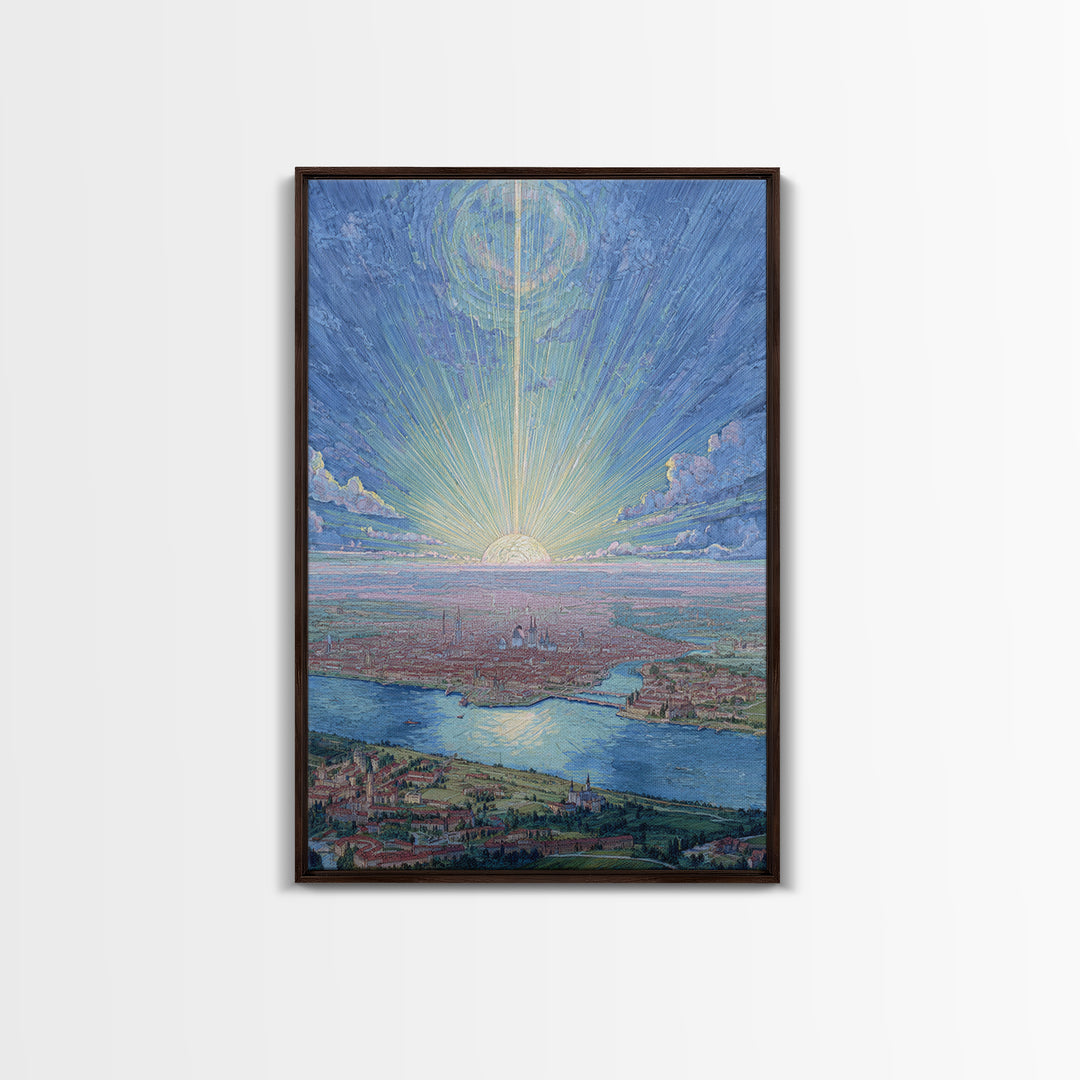 Pastel Sunrise Over Historic Waterfront City, Framed Canvas Print, Modern Wall Art, Scenic Travel Poster, Blue Home Decor