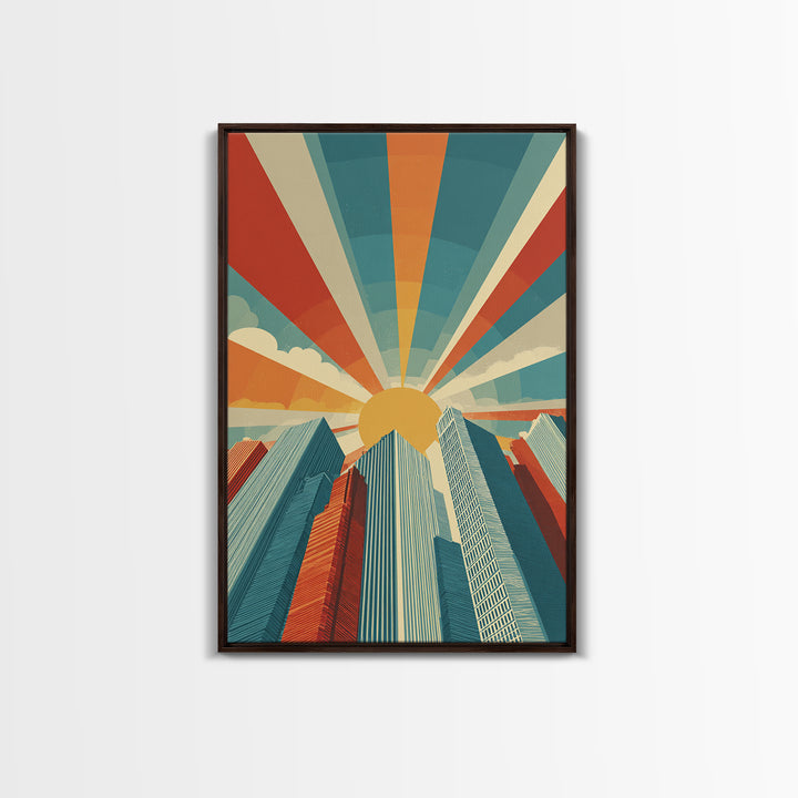 Low Angle Skyscrapers With Radiant Sun, Canvas Print, Mid Century Modern Wall Art, Geometric Poster, Retro Office Decor Print