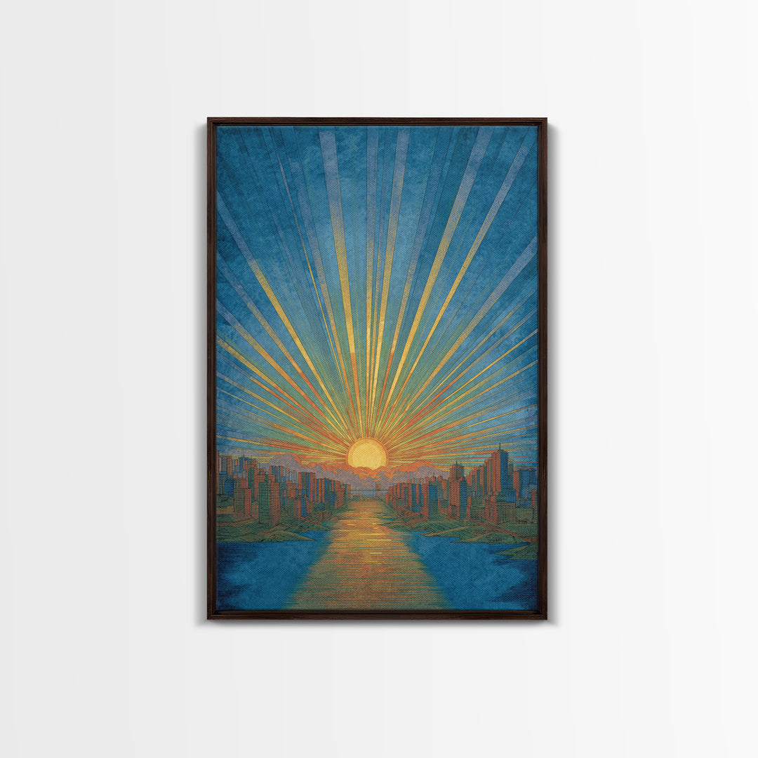 Blue River Sunset Over Modern City Skyline, Wall Art, Mid Century Modern Art Print, Retro Sun Poster, Teal Orange Decor