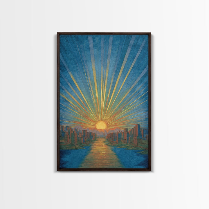 Blue River Sunset Over Modern City Skyline, Wall Art, Mid Century Modern Art Print, Retro Sun Poster, Teal Orange Decor