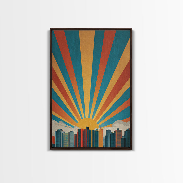 Bold Sunrise Behind Downtown Skyline, Canvas Print, Mid Century Modern Wall Art, Retro Geometric Poster, Teal Orange Decor