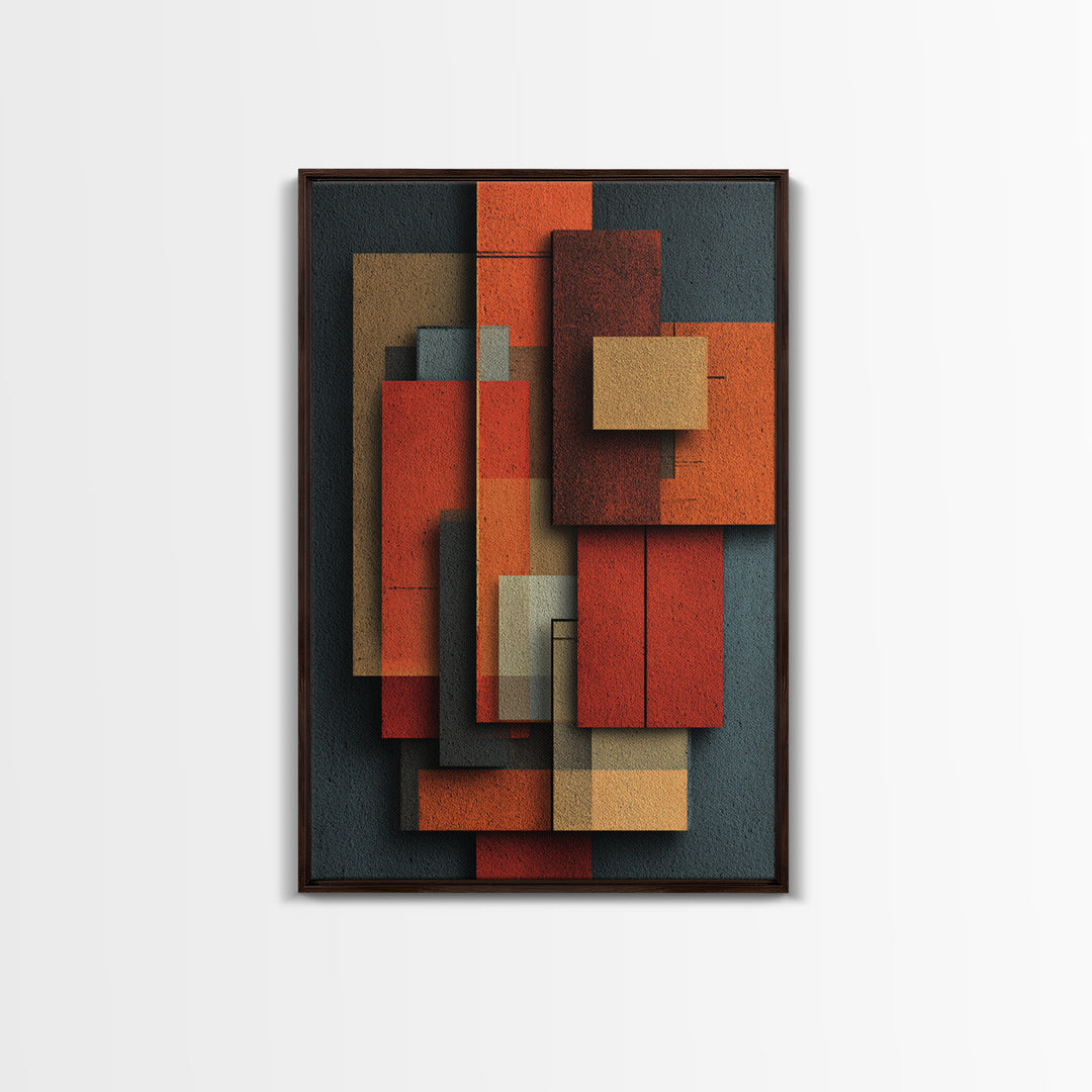 Rust Orange Teal Rectangles Framed Canvas Print, Midcentury Modern Geometric Wall Art, Atomic MCM Decor, Bold Abstract Painting