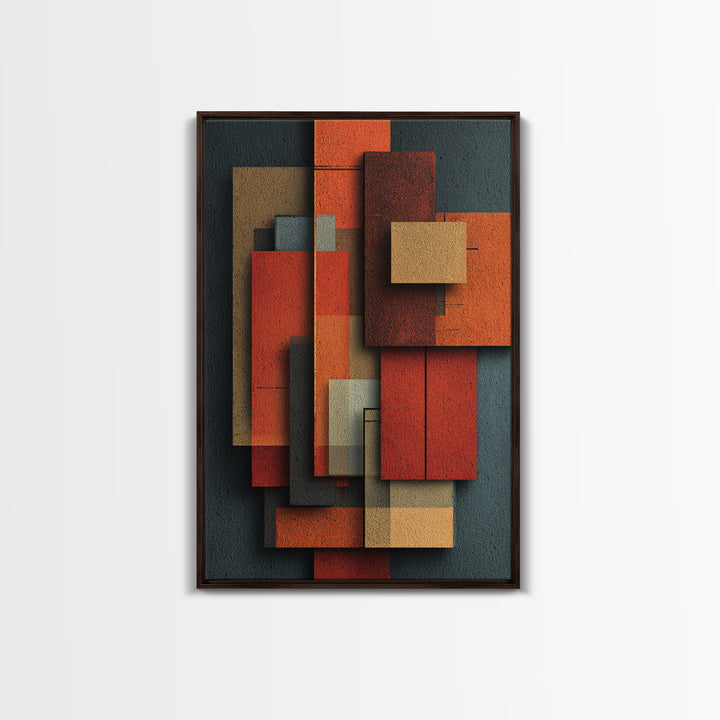 Rust Orange Teal Rectangles Framed Canvas Print, Midcentury Modern Geometric Wall Art, Atomic MCM Decor, Bold Abstract Painting