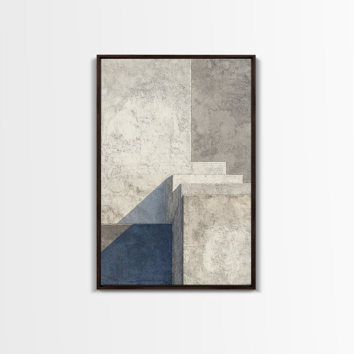 Minimal Concrete Stair Shadow Canvas Print, Modern Abstract Wall Art, Neutral Architectural Decor, Blue Beige Office Poster