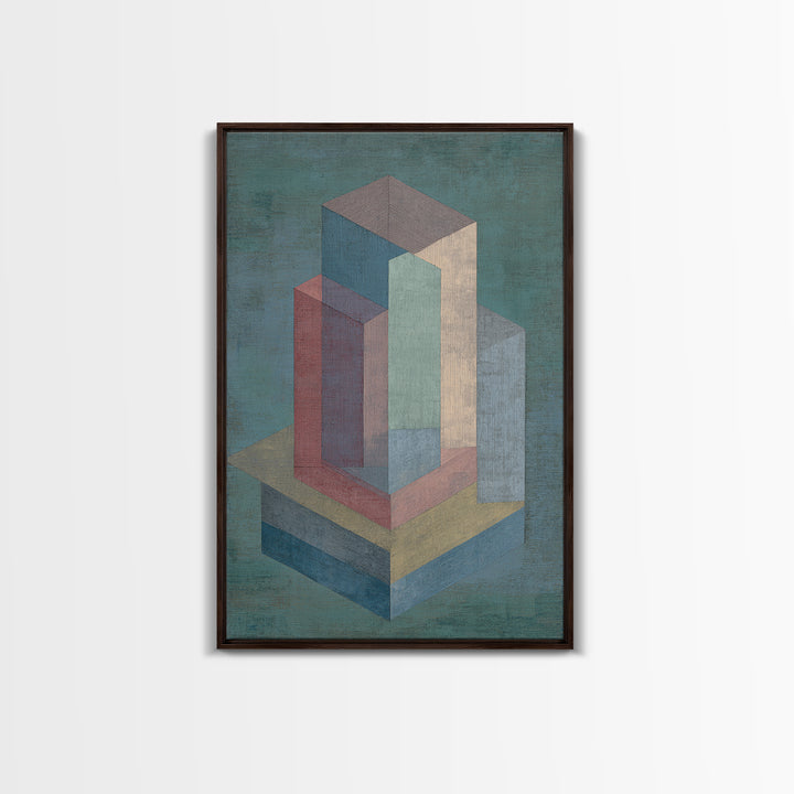 Teal Isometric Blocks Framed Canvas Print, Midcentury Modern Geometric Wall Art, Pastel Architecture Decor, MCM Artwork Print