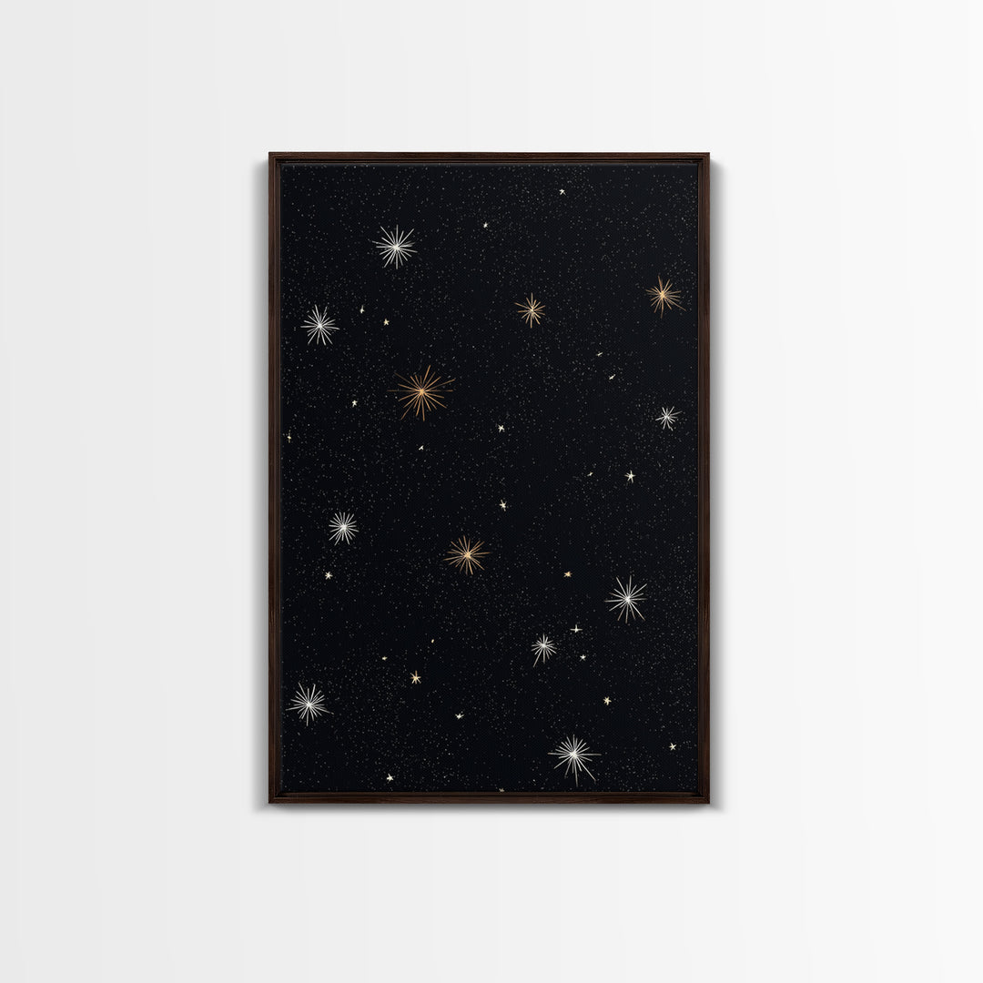 Black Night Sky Starburst Canvas Print, Gold White Celestial Wall Art, Retro Space Poster, Minimal Cosmic Modern Decor Print