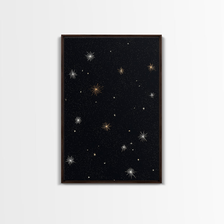 Black Night Sky Starburst Canvas Print, Gold White Celestial Wall Art, Retro Space Poster, Minimal Cosmic Modern Decor Print