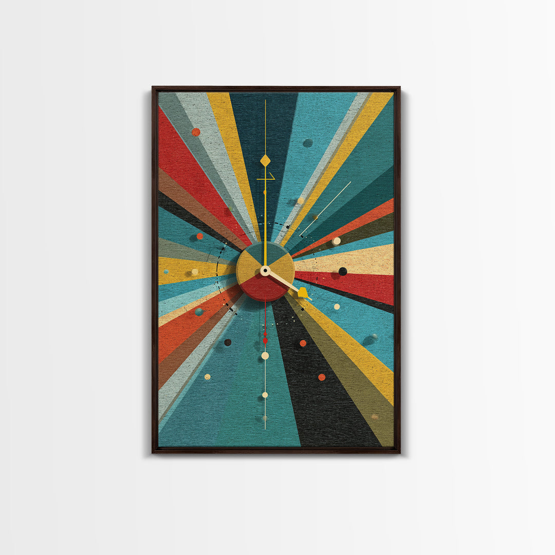 Textured Atomic Clock Sunburst Framed Canvas Print, Midcentury Modern Wall Art, Geometric MCM Poster For Living Room Decor