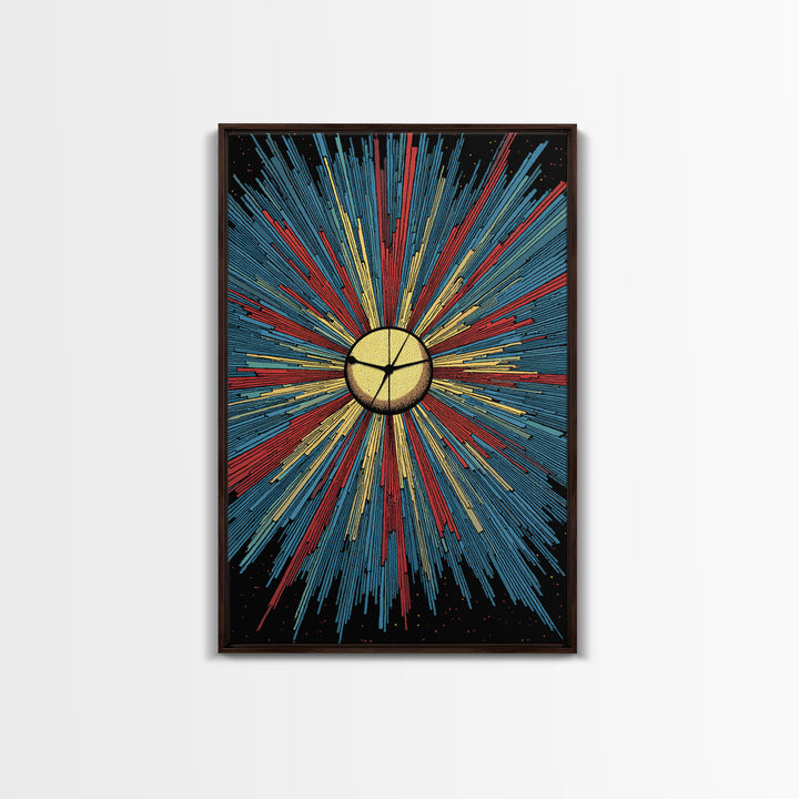 Bold Halftone Sunburst Clock Canvas Print, Retro Midcentury Wall Art, Atomic Space Poster, Colorful Modern Home Decor Gift