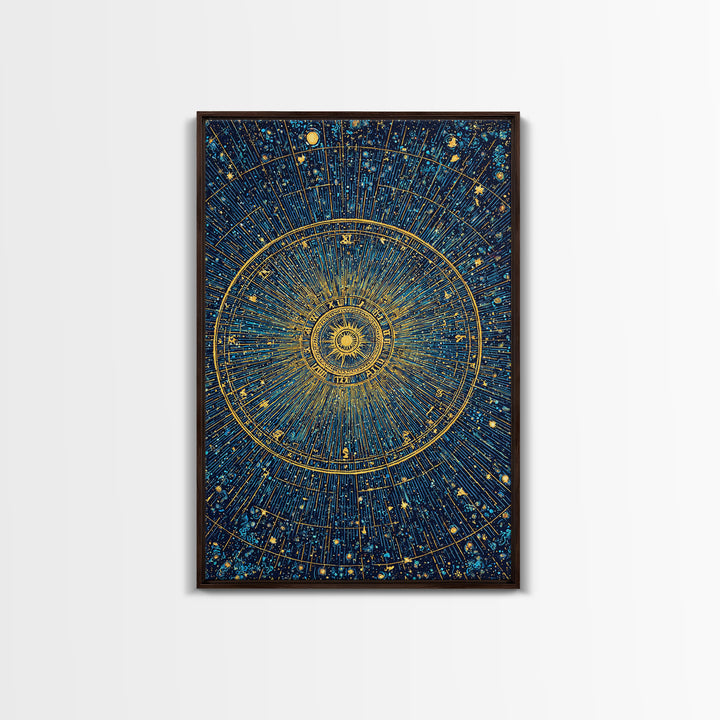 Gold Zodiac Star Chart Wall Art, Celestial Astronomy Poster, Cosmic Midcentury Modern Art Print, Navy Blue Home Decor Gift