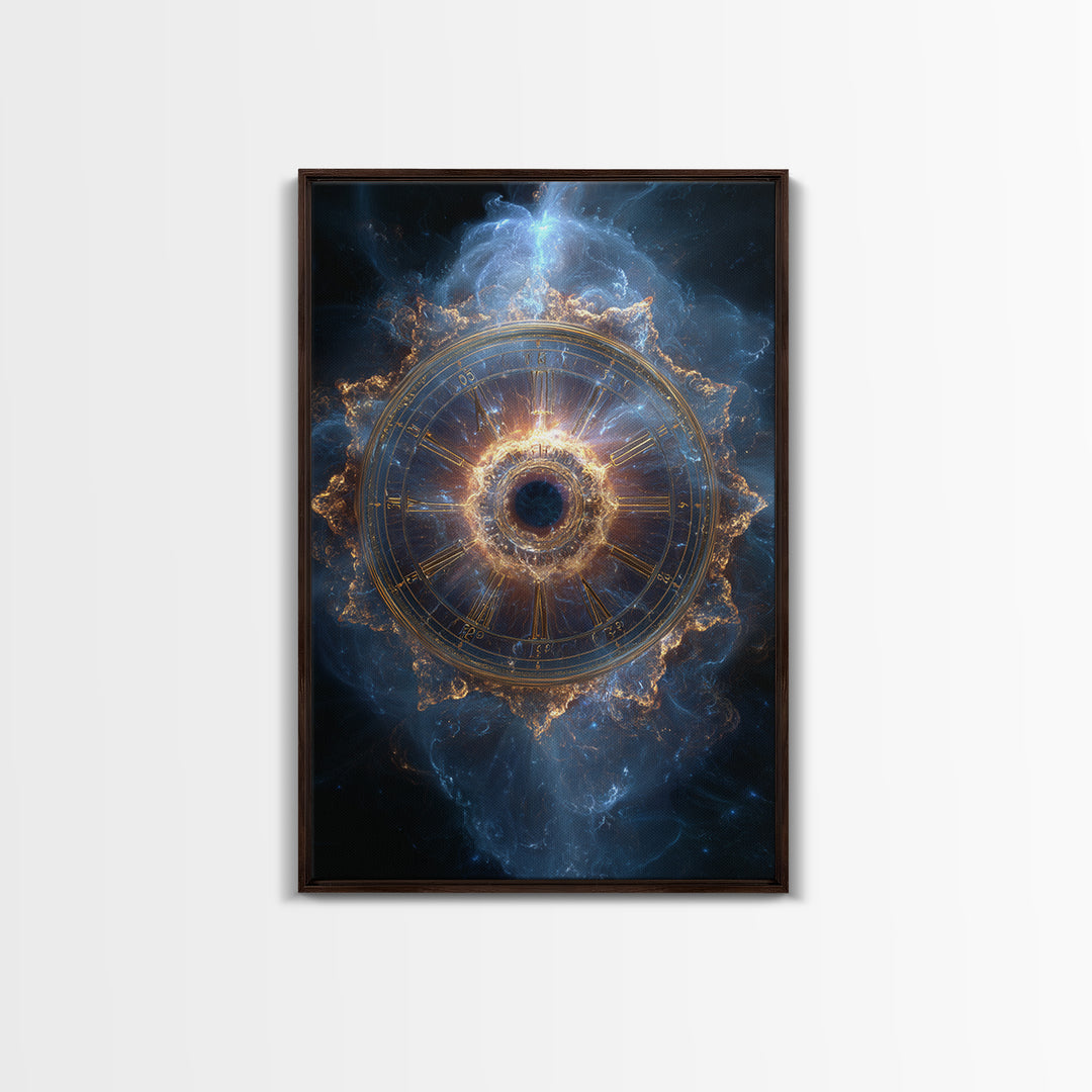 Glowing Cosmic Zodiac Clock Framed Canvas Print, Nebula Space Wall Art, Astrology Poster, Luxury Celestial Home Decor Gift