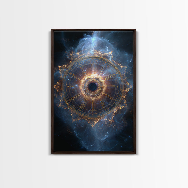 Glowing Cosmic Zodiac Clock Framed Canvas Print, Nebula Space Wall Art, Astrology Poster, Luxury Celestial Home Decor Gift