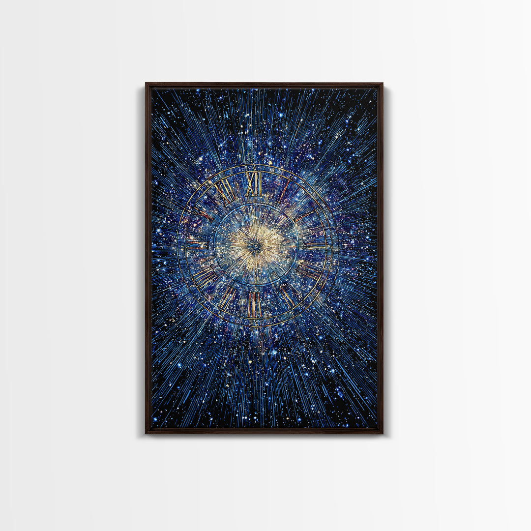 Blue Galaxy Roman Numeral Clock Canvas Print, Celestial Space Wall Art, Cosmic Starburst Poster, Modern Home Office Decor