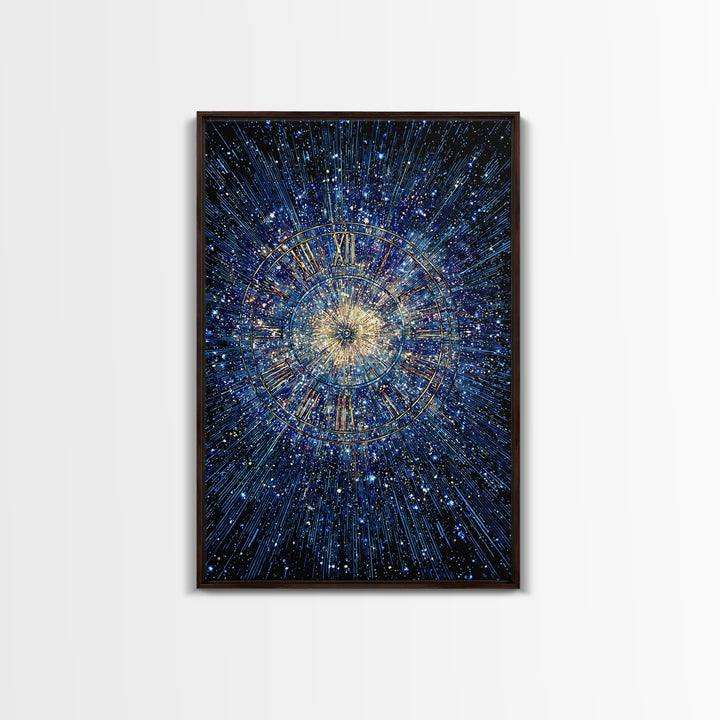 Blue Galaxy Roman Numeral Clock Canvas Print, Celestial Space Wall Art, Cosmic Starburst Poster, Modern Home Office Decor