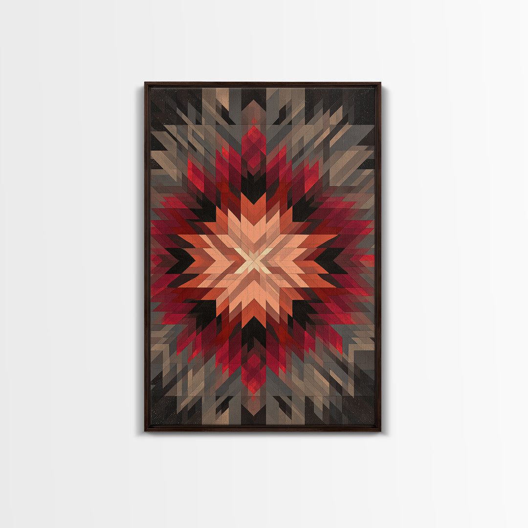 Red Gray Southwestern Starburst, Framed Canvas Print, Geometric Wall Art, Bold Abstract Decor, Rustic Modern Living Room Poster
