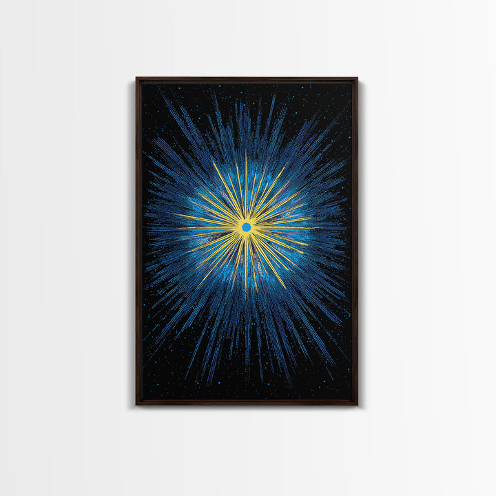 Blue Yellow Cosmic Starburst Wall Art, Space Abstract Art, Modern Digital Art, Retro Sci Fi Poster, Kids Room Decor, Large Print
