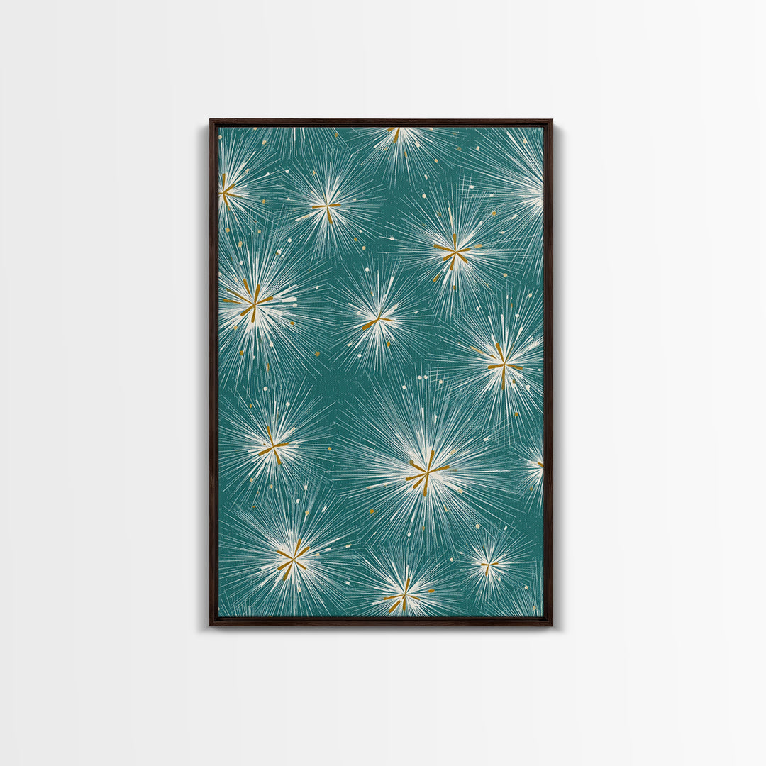 Teal Atomic Starburst Pattern Wall Art, Midcentury Modern Art Print, Retro Wall Decor, Gold White Abstract Home Decor Print