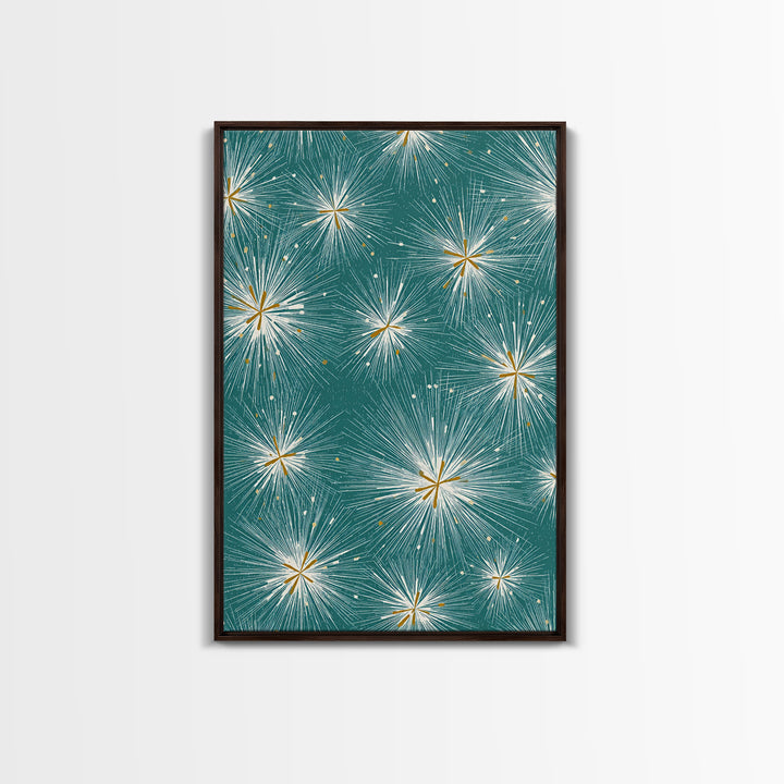 Teal Atomic Starburst Pattern Wall Art, Midcentury Modern Art Print, Retro Wall Decor, Gold White Abstract Home Decor Print