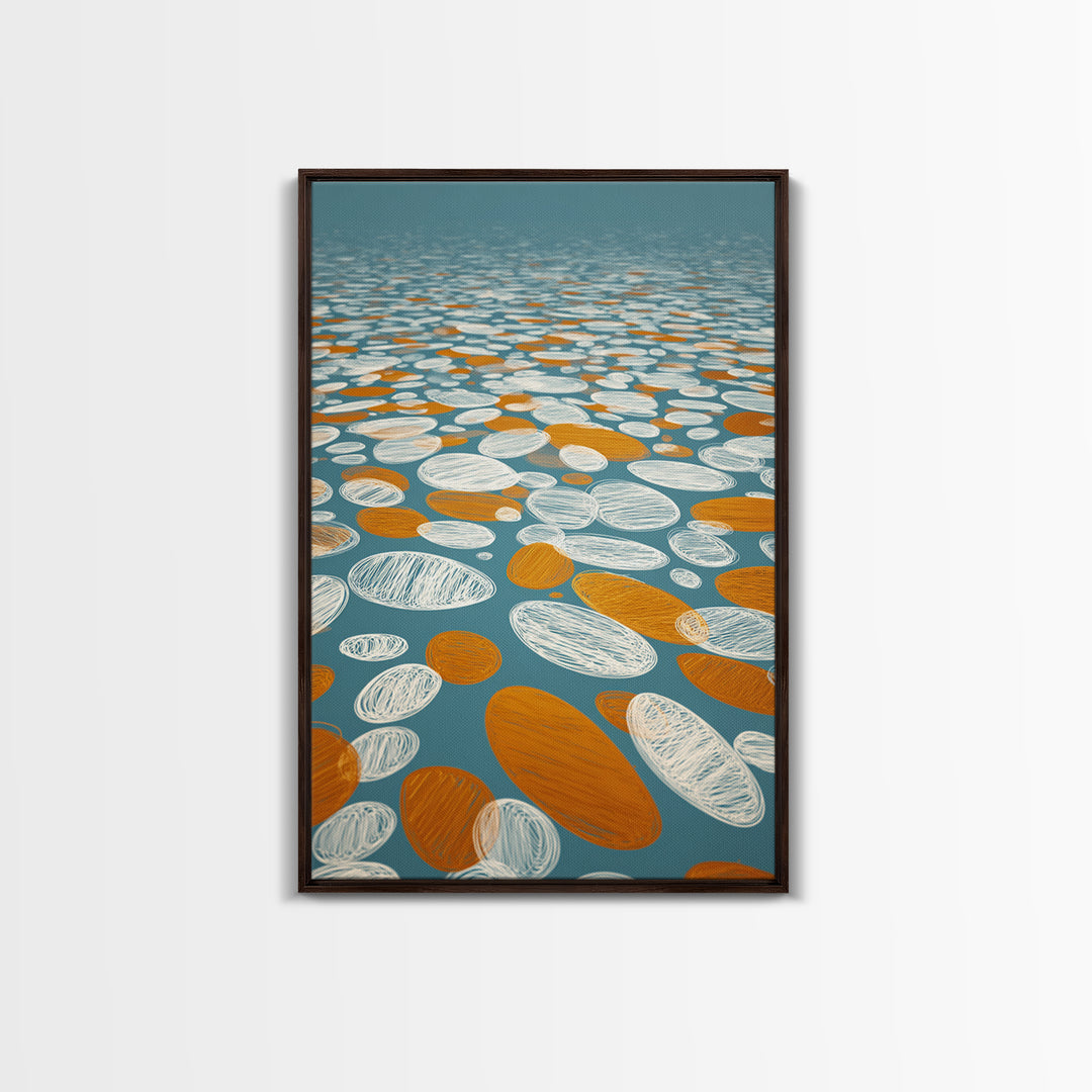 Orange White Floating Pebble Wall Art, Modern Abstract Art Print, Retro Geometric Decor, Blue Coastal Perspective Poster