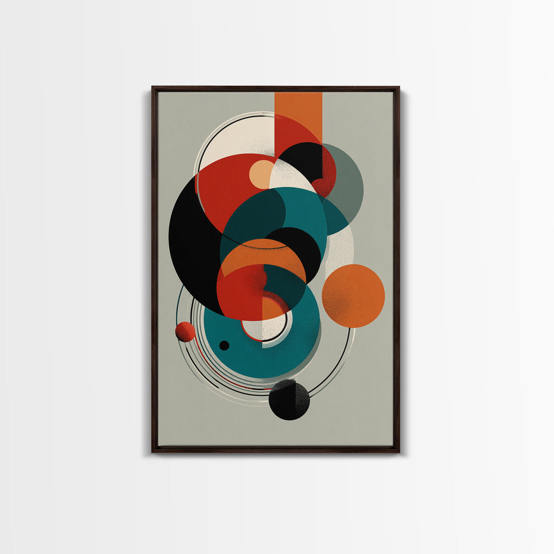 Orange Teal Geometric Circles Framed Canvas Print, Midcentury Modern Wall Art, Bauhaus Abstract Decor, Retro Home Decor Print