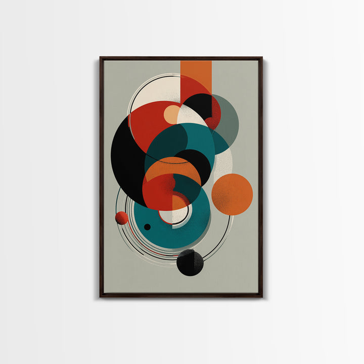 Orange Teal Geometric Circles Framed Canvas Print, Midcentury Modern Wall Art, Bauhaus Abstract Decor, Retro Home Decor Print