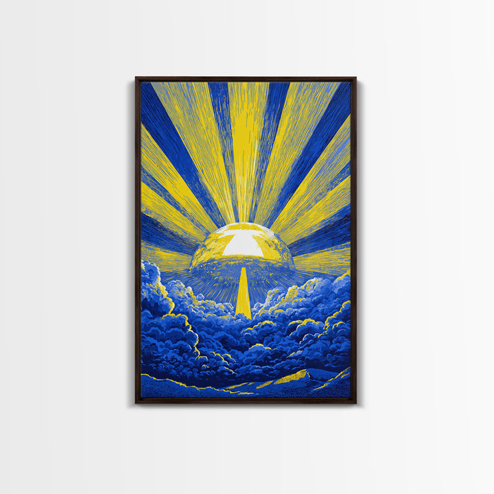 Blue Yellow Celestial Sunburst Canvas Print, Mid Century Modern Wall Decor, Abstract Sun Rays, Cosmic Retro Poster For Living Room