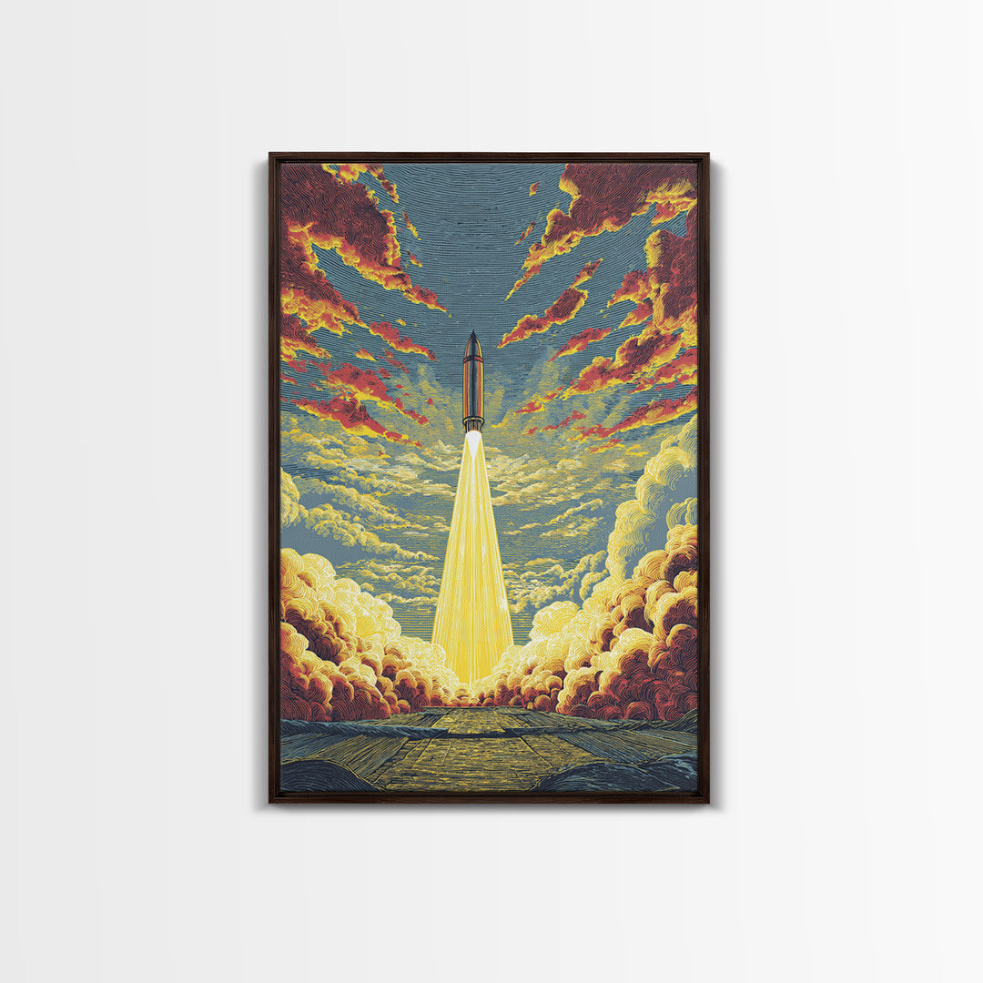 Golden Rocket Launch Framed Canvas Print, Mid Century Modern Space Wall Art, Retro Sci Fi Poster, Dramatic Cloudscape Decor