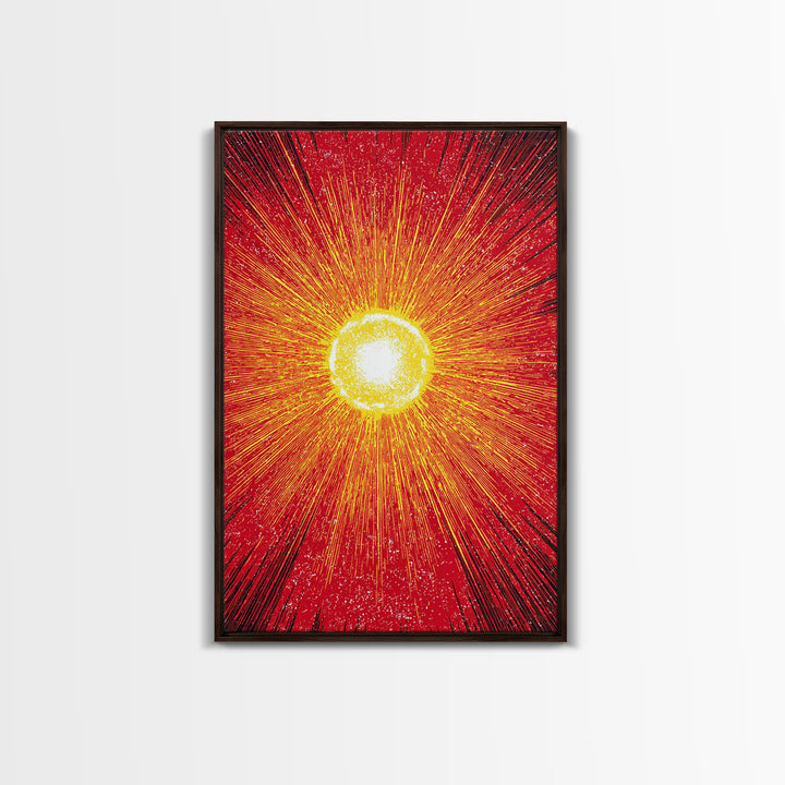 Blazing Red Solar Sun Wall Art, Mid Century Modern Abstract Poster, Orange Yellow Energy Rays, Atomic Retro Decor Print Gift