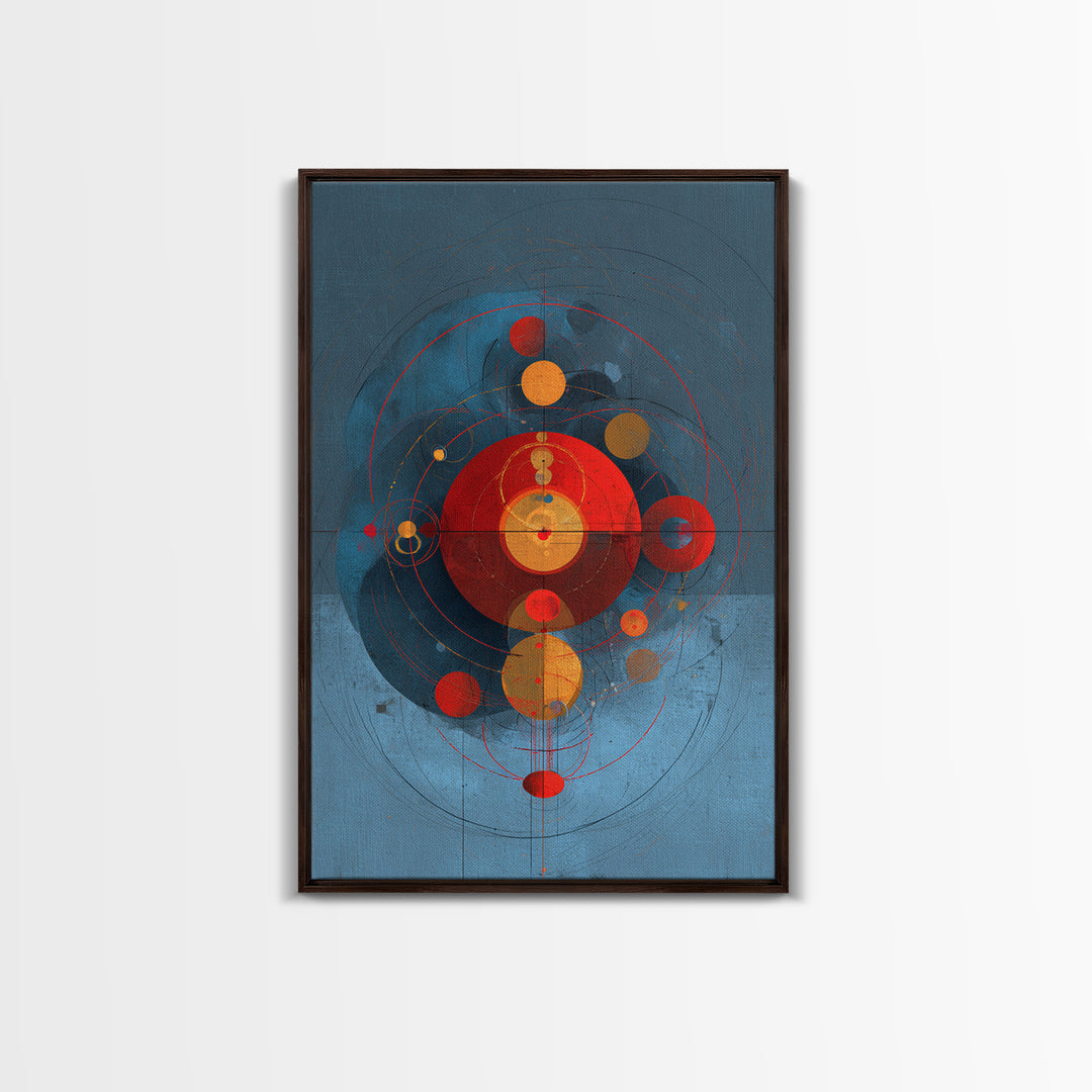 Blue Red Orbital Geometry Canvas Print, Mid Century Modern Abstract Wall Art, Atomic Circles Poster, Bauhaus Home Decor Gift