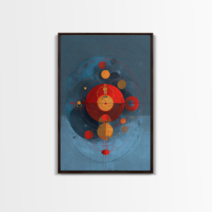 Blue Red Orbital Geometry Canvas Print, Mid Century Modern Abstract Wall Art, Atomic Circles Poster, Bauhaus Home Decor Gift