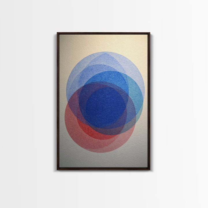 Soft Blue Red Overlapping Circles Framed Canvas Print, Minimalist Midcentury Modern Wall Art, Geometric Bedroom Decor, Blue Art Print