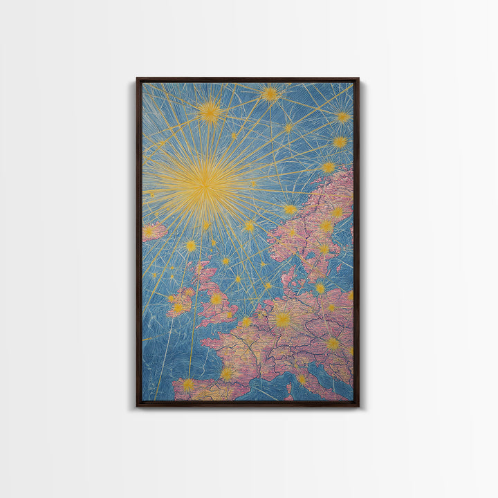Europe Flight Route Map Canvas Print, Midcentury Modern Travel Wall Decor, Blue Pink Atomic Aviation Poster For Office Living Room