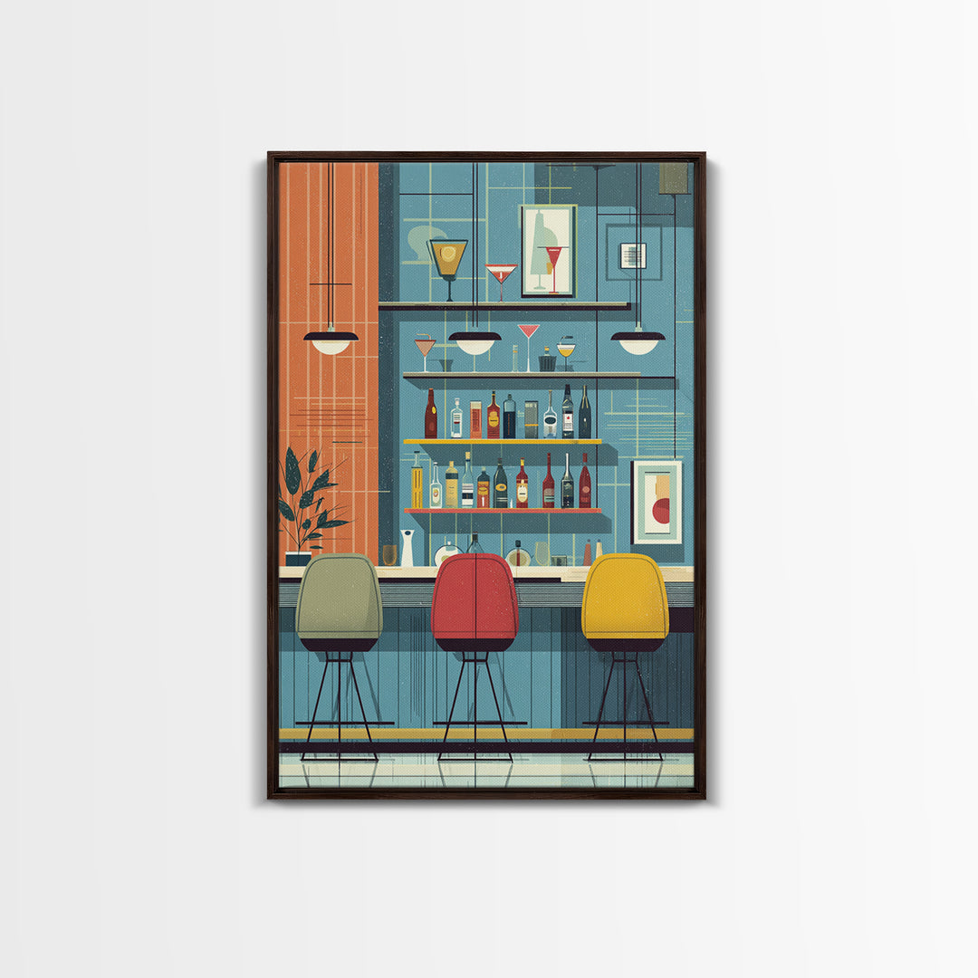 Colorful Retro Cocktail Bar With Three Chairs Canvas Print, Midcentury Modern Wall Decor, Bar Cart Art, Kitchen Poster Gift