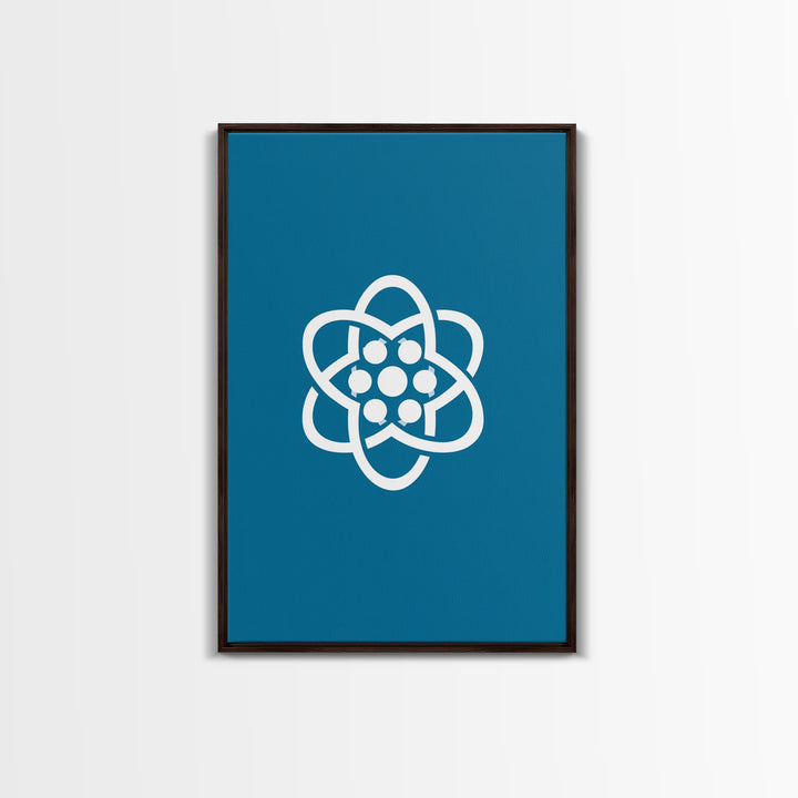 Minimal White Atomic Symbol On Teal Blue Wall Art, Midcentury Modern Space Poster, Geometric Art Print, Retro Office Decor