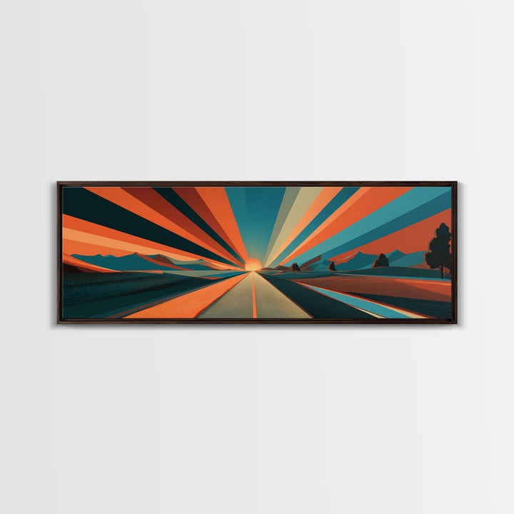 Retro Desert Road Sunburst Canvas Print, Midcentury Modern Wall Art, Orange Teal Landscape Poster, Palm Springs Decor Gift