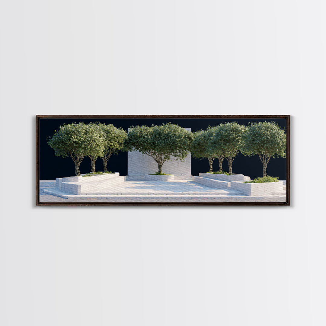 Mediterranean Olive Tree Courtyard Framed Canvas Print, Modern Wall Art, Architectural Landscape, Minimalist Home Decor Art