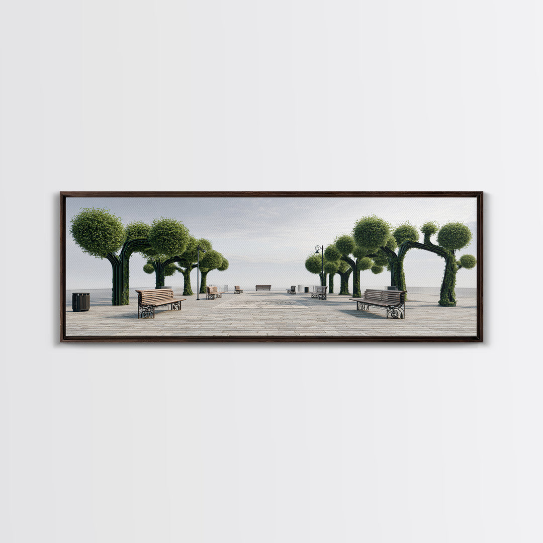 Coastal Boardwalk With Sculpted Green Trees And Benches Framed Canvas Print, Modern Wall Art, Beach House Decor Landscape