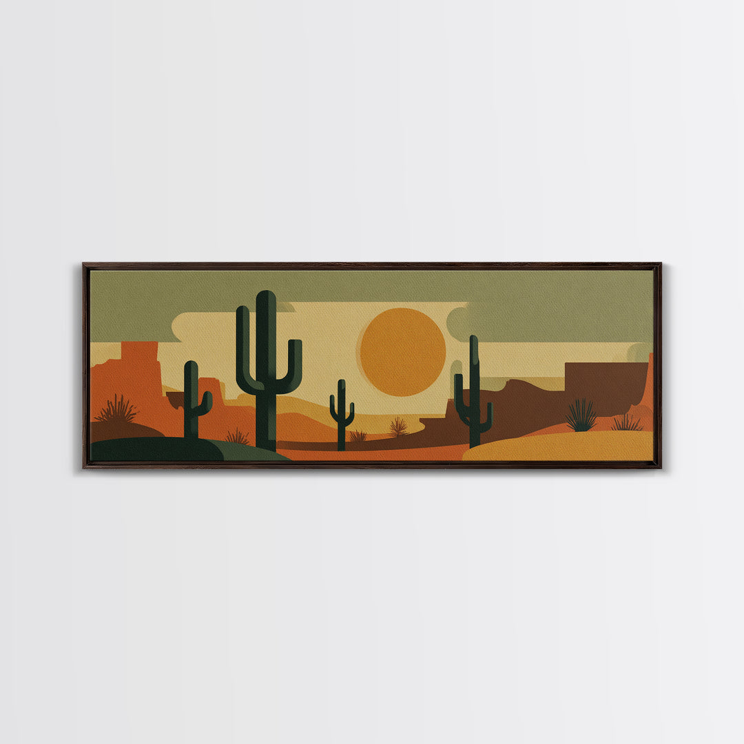 Retro Desert Cactus Scene With Orange Sun And Mesas Canvas Print, Mid Century Modern Wall Art, Southwest Decor Poster Print