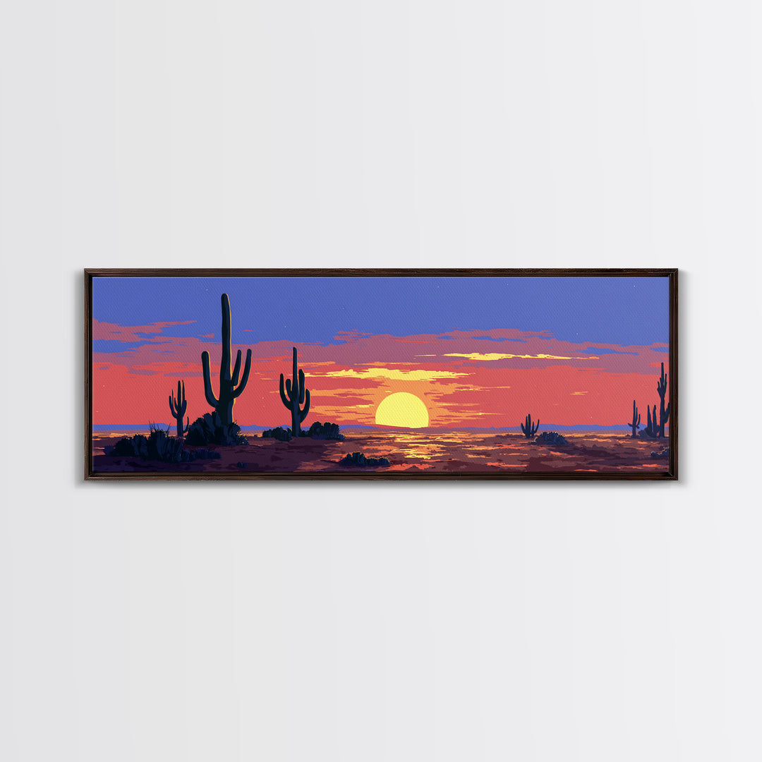 Purple Desert Sunset With Tall Saguaro Cacti And Low Sun Framed Canvas Print, Retro Wall Art, Colorful Southwest Home Decor