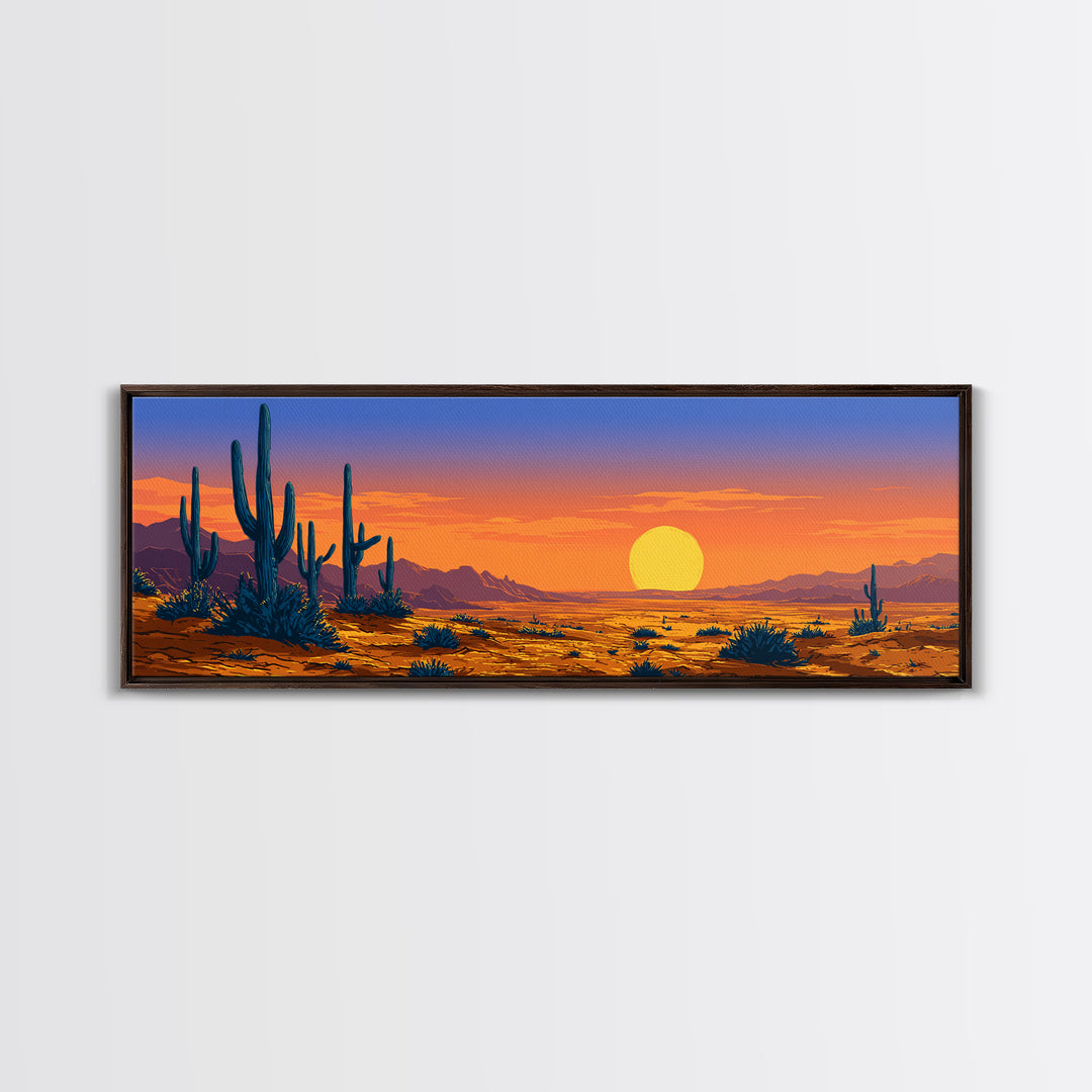 Vibrant Desert Sunset With Blue Cacti And Golden Sky Wall Art, Retro Art Print, Colorful Southwest Living Room Decor Poster