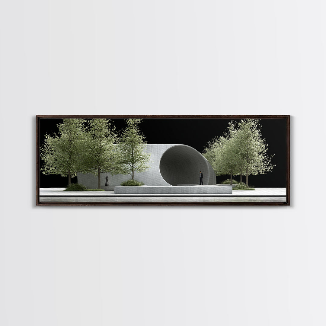 Concrete Circular Pavilion With Silver Trees And Black Sky Framed Canvas Print, Modern Architecture Wall Art, Office Decor