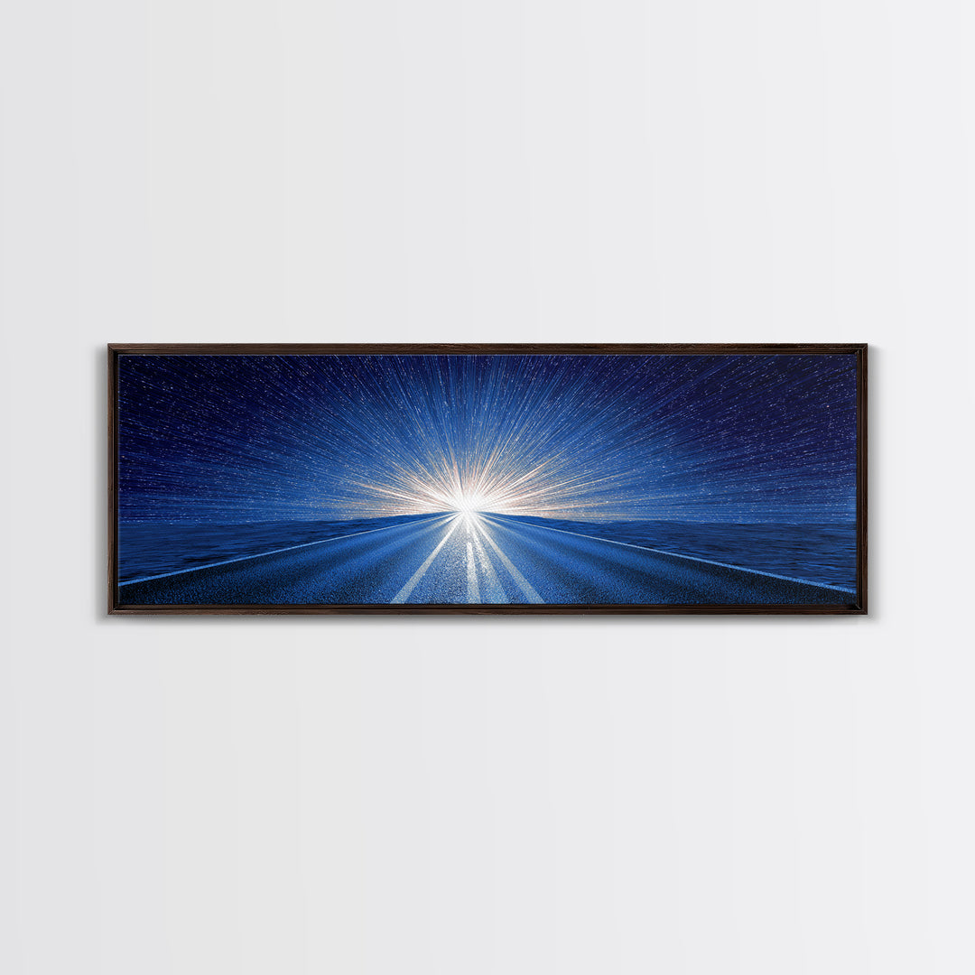 Starry Blue Highway Horizon Framed Canvas Print, Cosmic Retro Wall Art, Modern Digital Art, Space Abstract Decor For Living Room