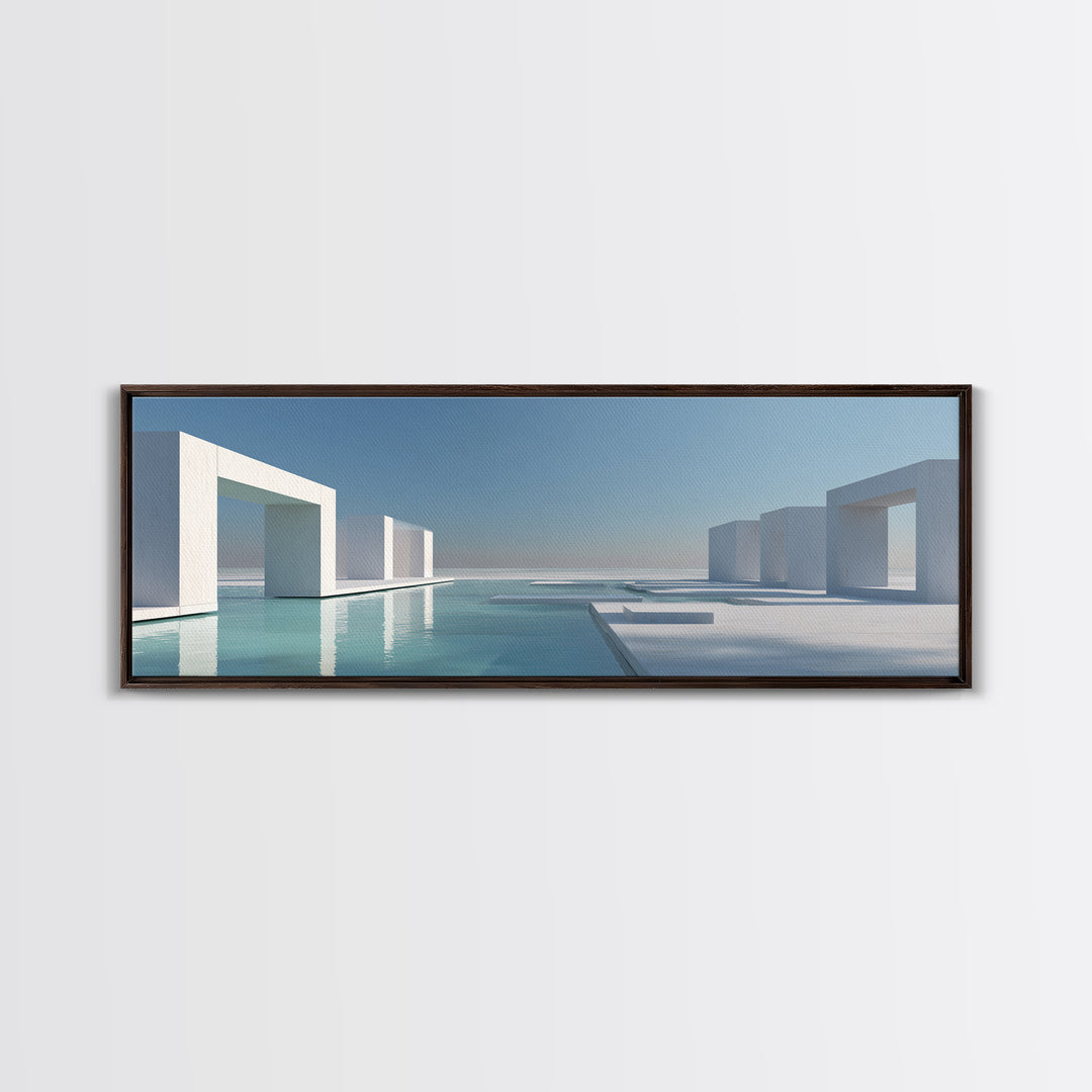 Minimal White Geometric Seaside Architecture With Blue Pool Wall Art, Modern Coastal Print, Luxury Home Decor, Office Art