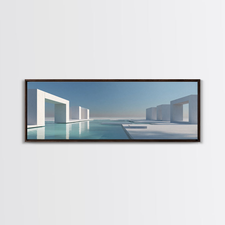 Minimal White Geometric Seaside Architecture With Blue Pool Wall Art, Modern Coastal Print, Luxury Home Decor, Office Art
