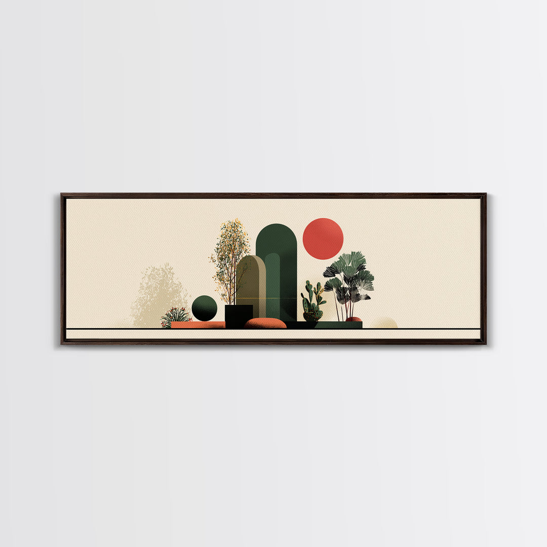 Abstract Botanical Still Life Wall Art, Red Sun And Green Arches, Midcentury Modern Decor, Boho Scandinavian Canvas Print
