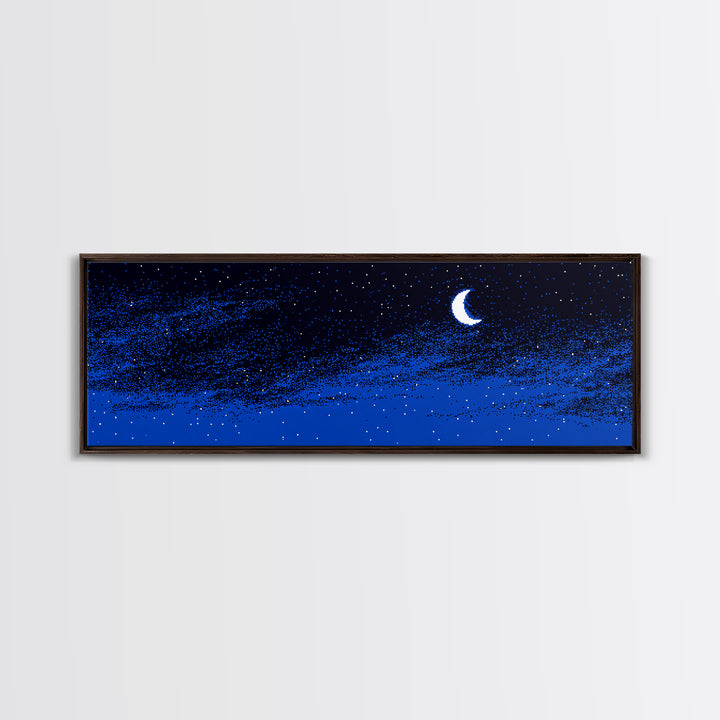 Blue Starry Crescent Moon Wall Art, Night Sky Celestial Canvas, Minimal Modern Decor, Boho Nursery Bedroom Art Print Gift