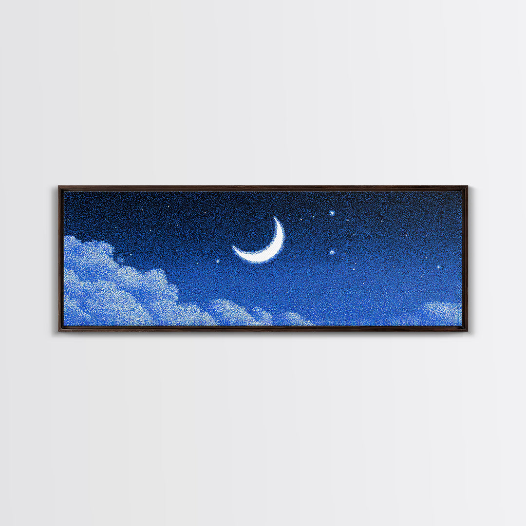 Glowing Crescent Moon And Cloud Wall Art, Blue Starry Sky Canvas, Mystical Celestial Decor, Boho Nursery Bedroom Art Print Gift