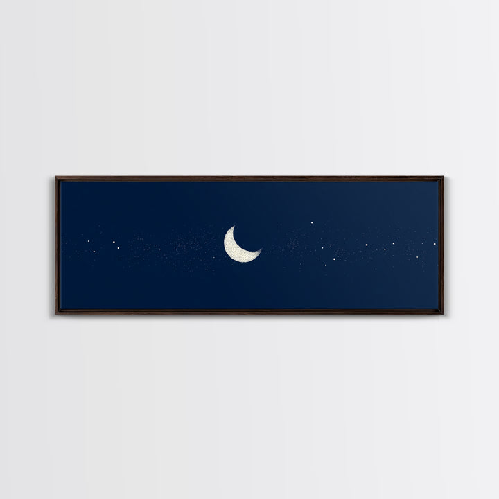 Minimal Navy Crescent Moon Wall Art, Tiny Star Night Sky Canvas, Scandinavian Modern Decor, Celestial Bedroom Art Print Gift
